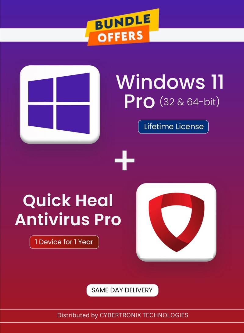 Windows 11 Pro (32 & 64-bit) Lifetime + Quick Heal Antivirus Pro (1 Device, 1 Year) | Digital License | Same Day Delivery | Bundle Pack
