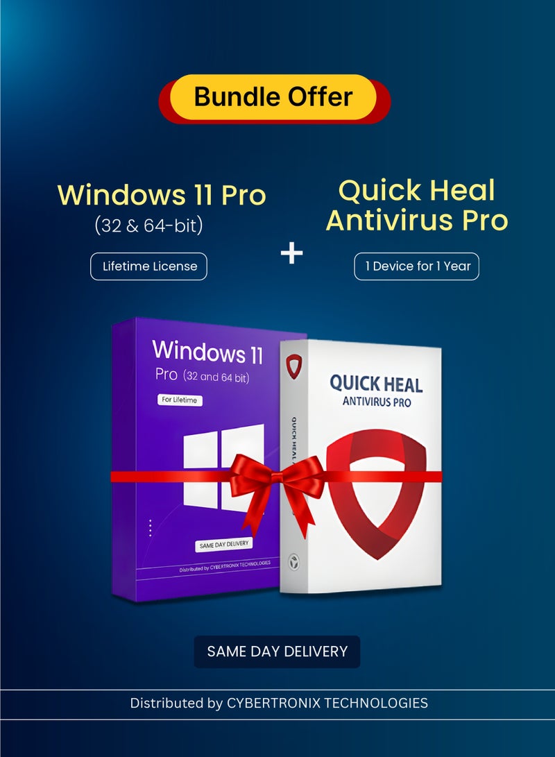 Windows 11 Pro (32 & 64-bit) Lifetime + Quick Heal Antivirus Pro (1 Device, 1 Year) | Digital License | Same Day Delivery | Bundle Pack