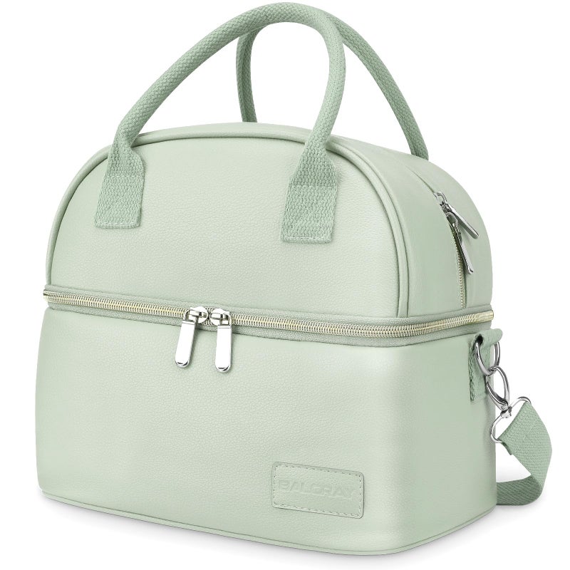 BALORAY Lunch Bag for Women Men Double Deck Lunch Box for Adults PU Leather Lunch Tote Bag Insulated Lunch Bags with Strap for Work Office Picnic
