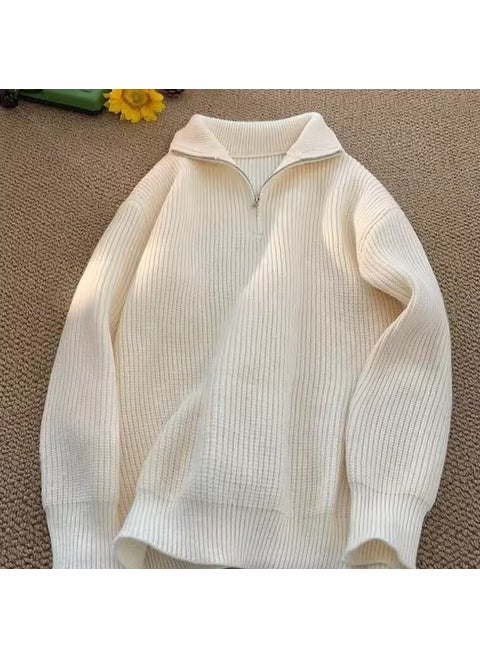 High Collar Half Zip Mens Knitwear Solid Color Lazy Style Casual Outerwear Winter 2023 Thickened Long Sleeve Polyester Fiber thickened apricot