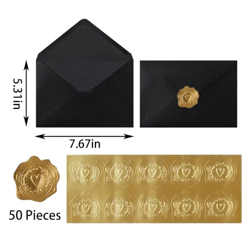 UoeRing A7 Self-Sealing Black Envelopes 50 Pcs - 5x7 Inches (5.31×7.67in) Premium 120g Pearl Glitter Paper - Printable & Writable for Wedding, Party Invitations - Includes Gold Sealing Stickers - Image 2