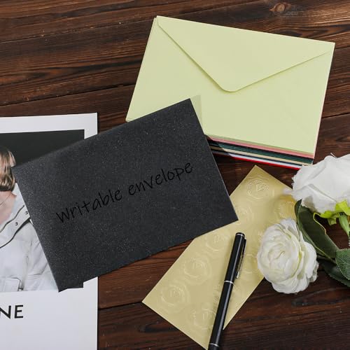 UoeRing A7 Self-Sealing Black Envelopes 50 Pcs - 5x7 Inches (5.31×7.67in) Premium 120g Pearl Glitter Paper - Printable & Writable for Wedding, Party Invitations - Includes Gold Sealing Stickers - Image 5