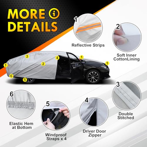 Coverra 6 Layer Heavy Duty Car Cover Custom Fit for Toyota Corolla 2000-2025, Honda Civic 1991-2026, Waterproof All Weather Car Tarp Outdoor Protection with Cotton Lining - Image 5