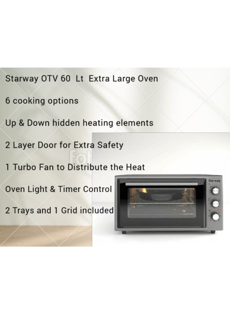 Starway 60 Lt Electrical Toaster Oven, 6 Multi Functions, 60x49cm, 2100 Wat, Double Glass, Up & Down Heating, Mechanical Timer, Internal Light, Deep Tray & Stand Included - Image 3