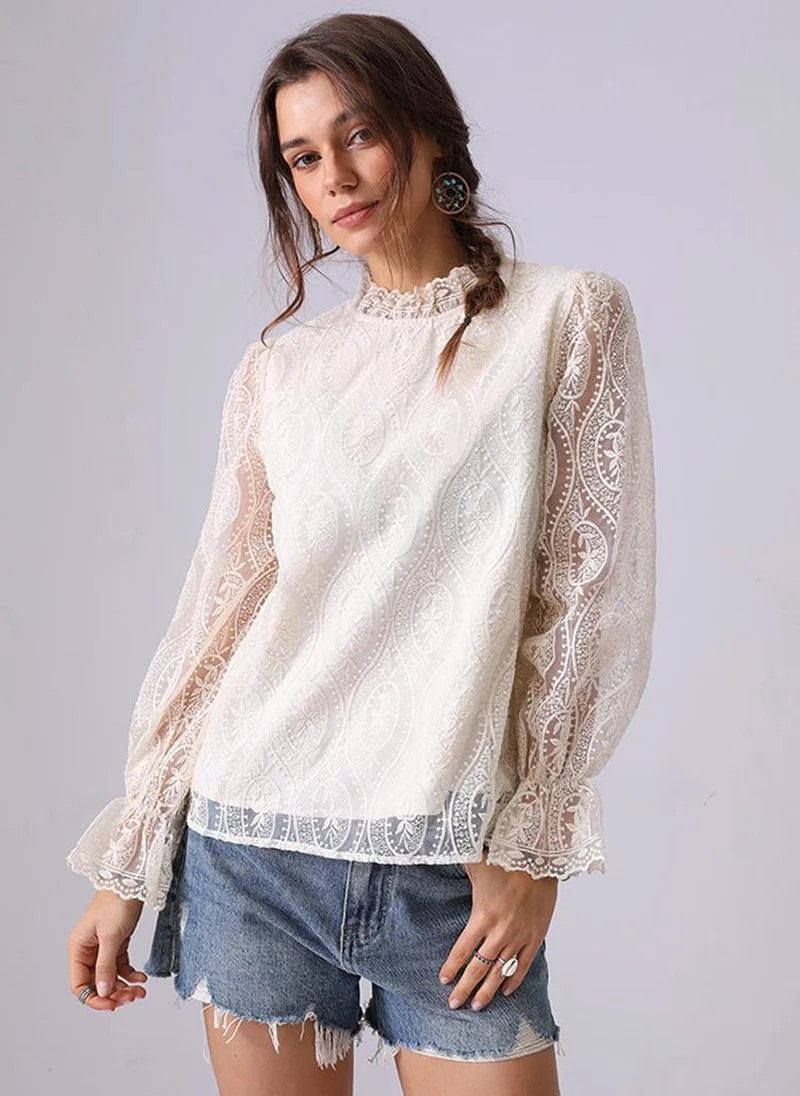 يونيكي White Round Neck Long Sleeves Regular Top