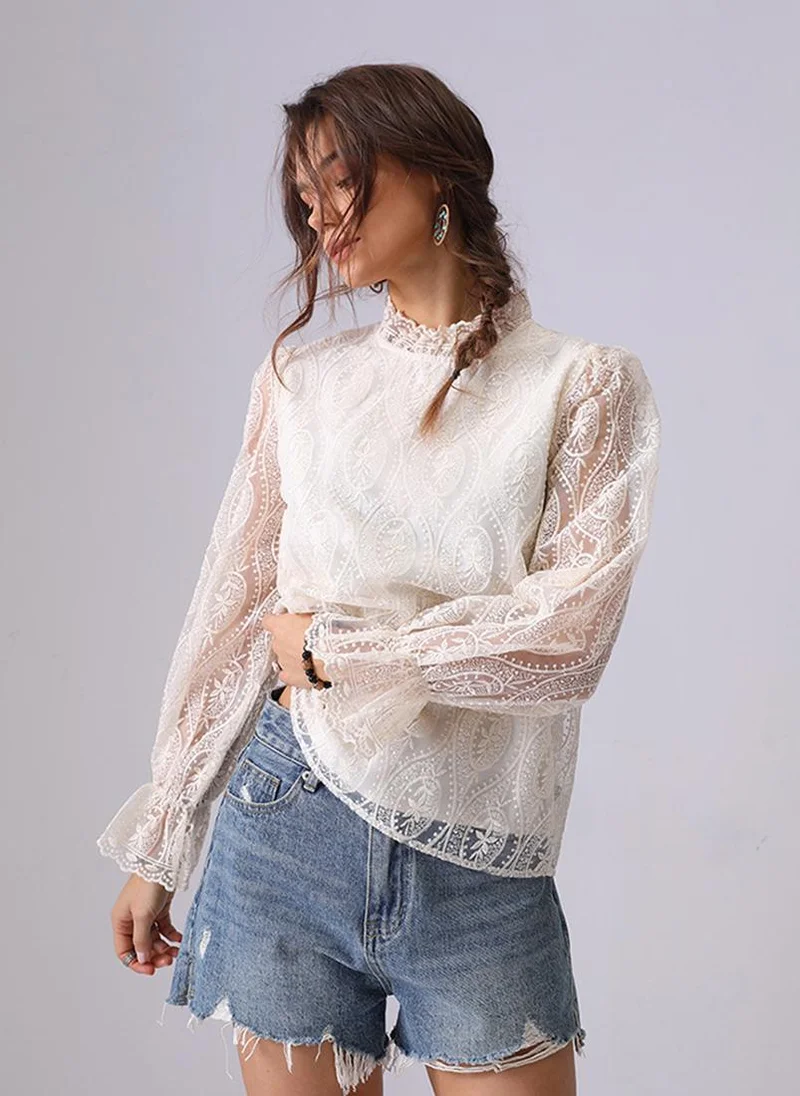 يونيكي White Round Neck Long Sleeves Regular Top