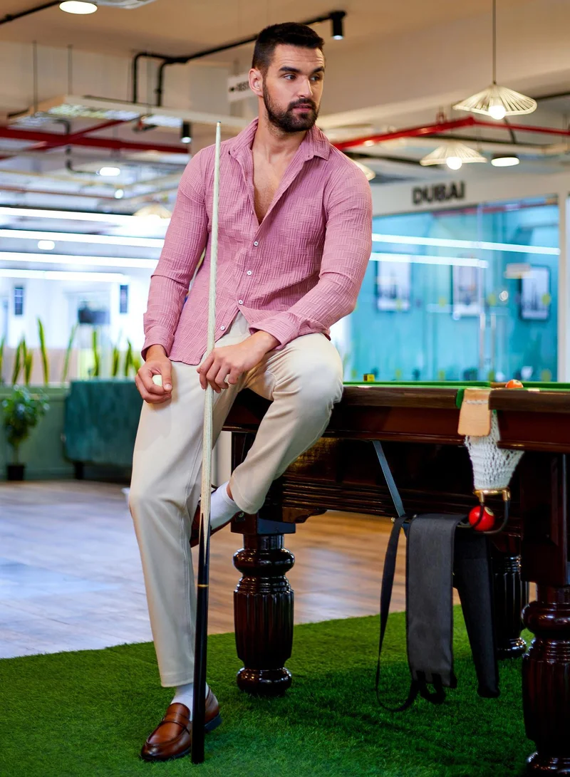 Campus Sutra Men's Nude Pink Self-Design Intertwine Shirt For Casual Wear | Spread Collar | Long Sleeve | Button Closure | Shirts Crafted With Comfort Fit For Everyday Wear