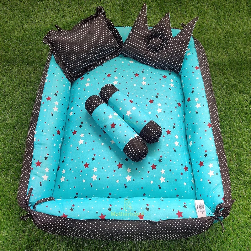 MOTHERHOOD MOTHERHOOD Box Baby Tub Bed and 4 pc Baby Pillow Luxury Baby Mattress Bed Sleeper Bedding Set coSleeper Safe Cotton Fabric with RFilled UltraSoft Comfortable for Newborn to Toddlers Sky D - Image 1