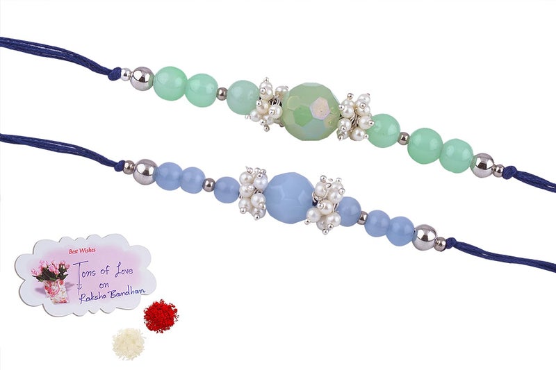 JFL Mens - Jewelleryforless Handmade Combo Of 2 Beaded Rakhis With Semi-Precious Light Blue & Mint Green Onyx Bead N Pearls Set For Brother Bhaiya With Roli Chawal And Hand Written Greeting Note - Image 1