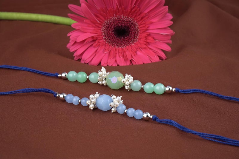 JFL Mens - Jewelleryforless Handmade Combo Of 2 Beaded Rakhis With Semi-Precious Light Blue & Mint Green Onyx Bead N Pearls Set For Brother Bhaiya With Roli Chawal And Hand Written Greeting Note - Image 2