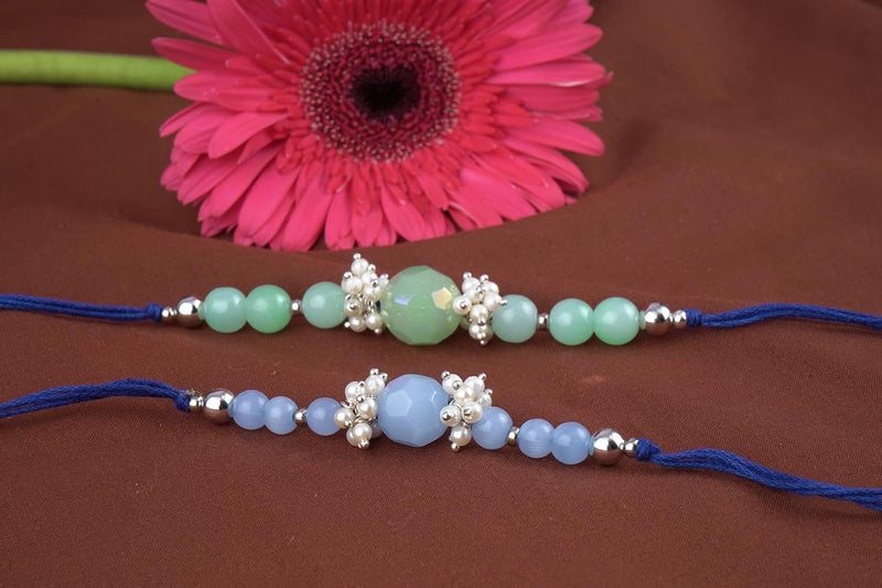 JFL Mens - Jewelleryforless Handmade Combo Of 2 Beaded Rakhis With Semi-Precious Light Blue & Mint Green Onyx Bead N Pearls Set For Brother Bhaiya With Roli Chawal And Hand Written Greeting Note - Image 3