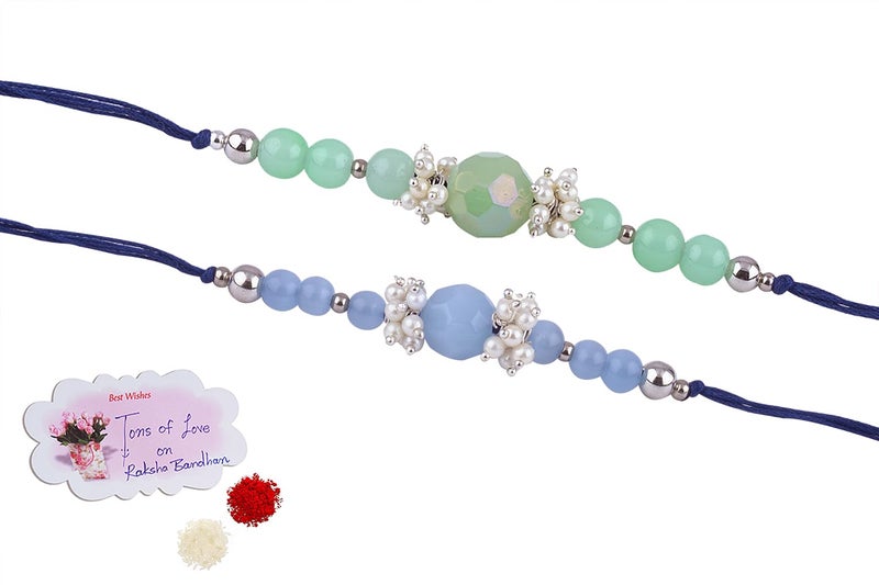 JFL Mens - Jewelleryforless Handmade Combo Of 2 Beaded Rakhis With Semi-Precious Light Blue & Mint Green Onyx Bead N Pearls Set For Brother Bhaiya With Roli Chawal And Hand Written Greeting Note - Image 4