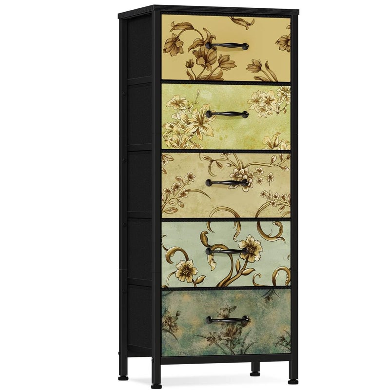 Furnulem Vertical Dresser for Bedroom, Tall Skinny Storage Tower with 5 Fabric Drawers, Chest of Drawers for Living Room, Dorm, Entryway, Vintage Furniture, Wood Top - Image 1