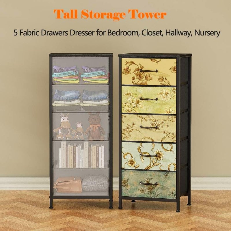 Furnulem Vertical Dresser for Bedroom, Tall Skinny Storage Tower with 5 Fabric Drawers, Chest of Drawers for Living Room, Dorm, Entryway, Vintage Furniture, Wood Top - Image 5