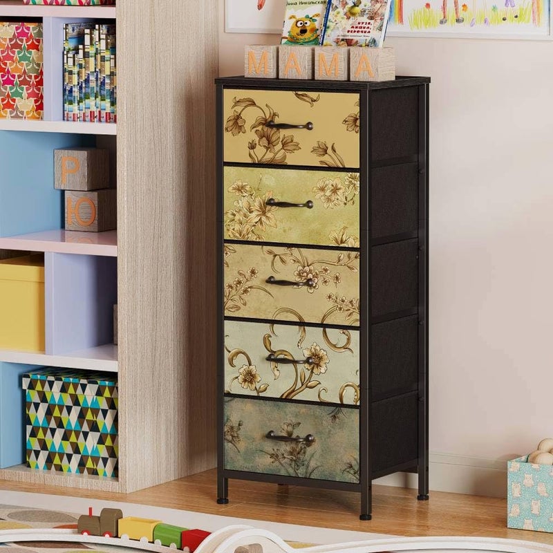 Furnulem Vertical Dresser for Bedroom, Tall Skinny Storage Tower with 5 Fabric Drawers, Chest of Drawers for Living Room, Dorm, Entryway, Vintage Furniture, Wood Top - Image 4