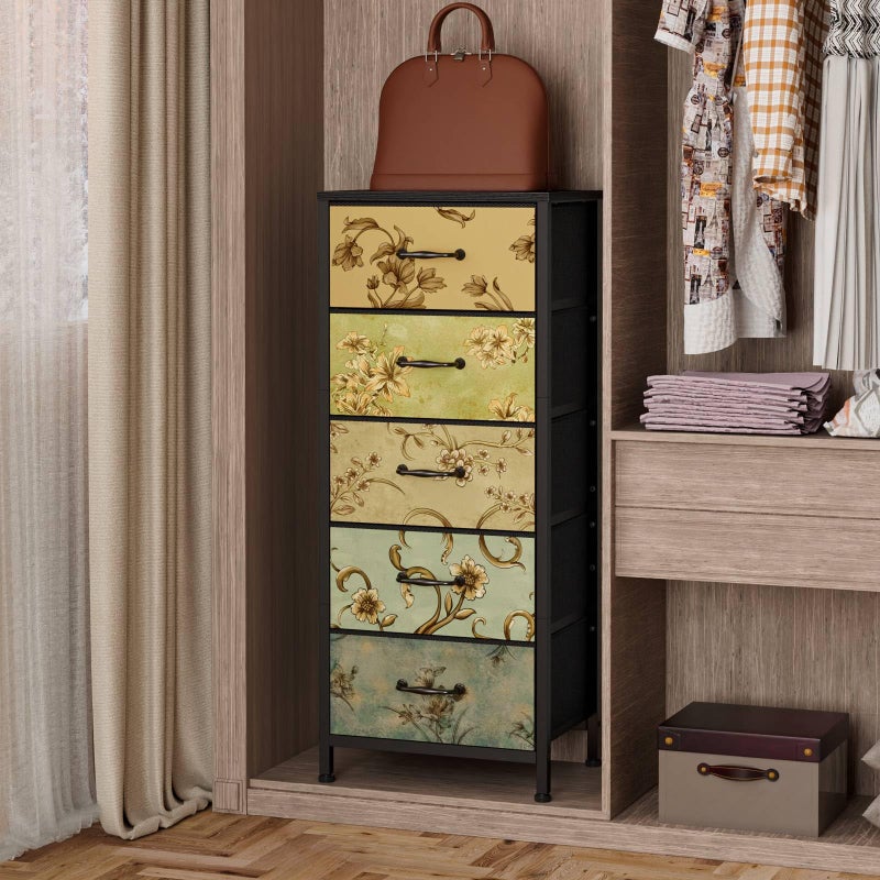 Furnulem Vertical Dresser for Bedroom, Tall Skinny Storage Tower with 5 Fabric Drawers, Chest of Drawers for Living Room, Dorm, Entryway, Vintage Furniture, Wood Top - Image 3