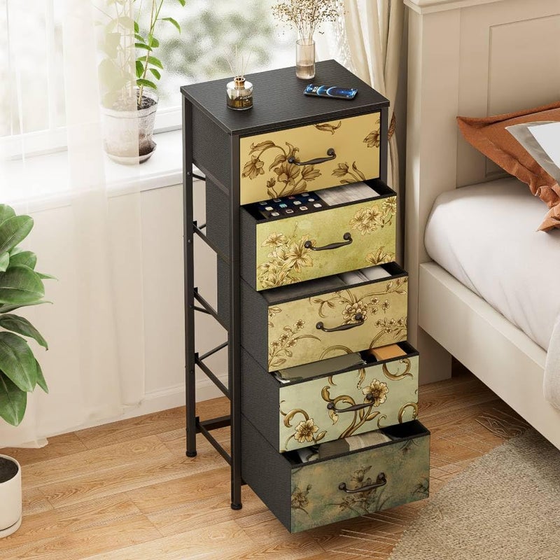 Furnulem Vertical Dresser for Bedroom, Tall Skinny Storage Tower with 5 Fabric Drawers, Chest of Drawers for Living Room, Dorm, Entryway, Vintage Furniture, Wood Top - Image 2