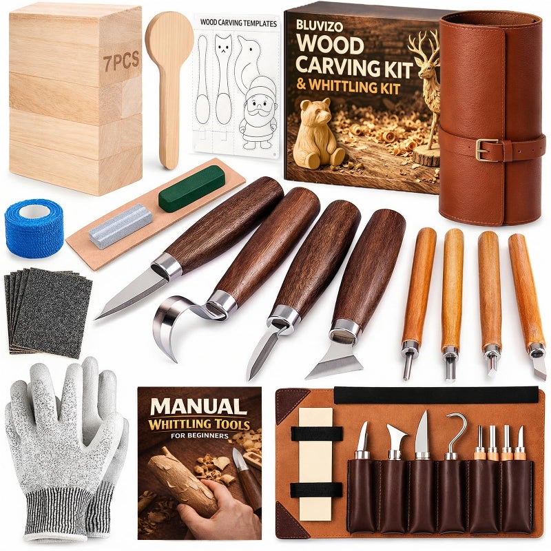 Bluvizo Wood Carving Kit Whittling Kit: Deluxe Wood Carving Tools Knife Set with Leather Case - Woodworking Hobby Kit for Beginners Adults Kids - DIY Art Craft Gift for Men Teens - Image 3