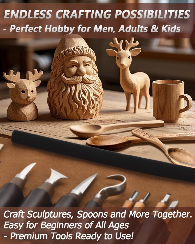 Bluvizo Wood Carving Kit Whittling Kit: Deluxe Wood Carving Tools Knife Set with Leather Case - Woodworking Hobby Kit for Beginners Adults Kids - DIY Art Craft Gift for Men Teens - Image 5