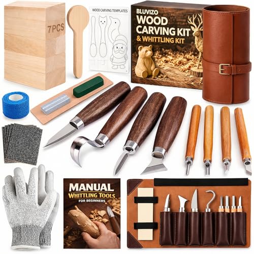 Bluvizo Wood Carving Kit Whittling Kit: Deluxe Wood Carving Tools Knife Set with Leather Case - Woodworking Hobby Kit for Beginners Adults Kids - DIY Art Craft Gift for Men Teens - Image 1