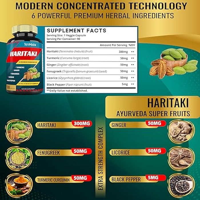 Tenmido Haritaki Supplements Extract Capsules with Turmeric, Ginger, Fenugreek, Licorice, Black Pepper | Nourishes, Rejuvenates Body, 3 Months Supply - Image 3