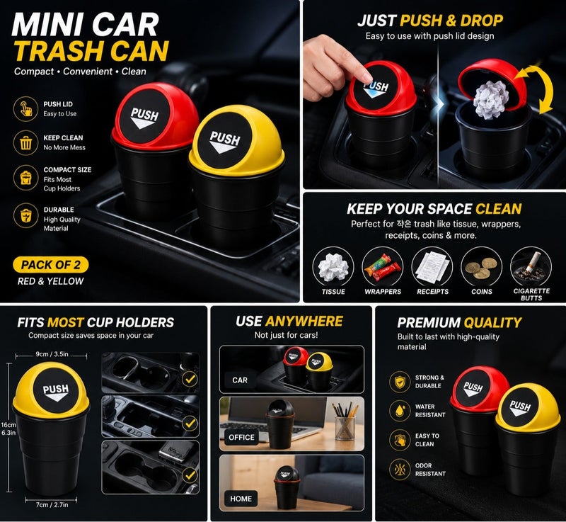 Dunekart Car Trash Can, 2 Pack Mini Car Cup Holder Trash Can, Leakproof Mini Trash with Lid and 30 Bags, Easy to Clean, Multipurpose Trash Can for Car, Office & Home (Black) - Image 3