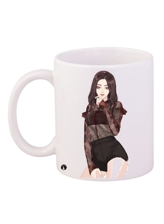 RYN Cartoon Girl Printed Coffee Mug White/Brown/Beige 11ounce