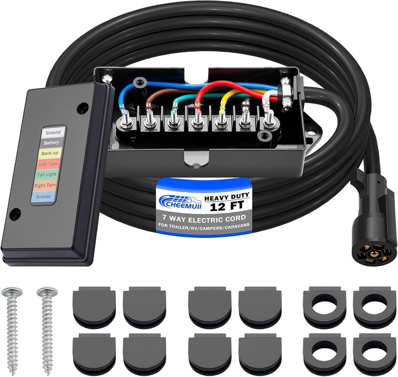 CheeMuii 12 FT 7 Way Trailer Wiring Harness Kit with Junction Box - Image 1