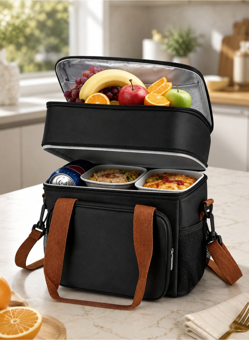 Yoawllty Insulated Leakproof Lunch Bag, Expandable Large Oxford Cloth Lunch Bag with 4 Compartments for Women Men Kids, Reusable Lunch Tote for Work School Picnic (Black) - Image 1