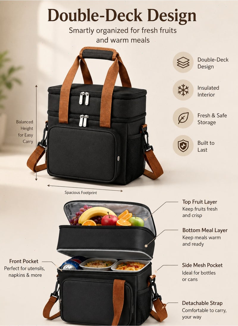 Yoawllty Insulated Leakproof Lunch Bag, Expandable Large Oxford Cloth Lunch Bag with 4 Compartments for Women Men Kids, Reusable Lunch Tote for Work School Picnic (Black) - Image 2