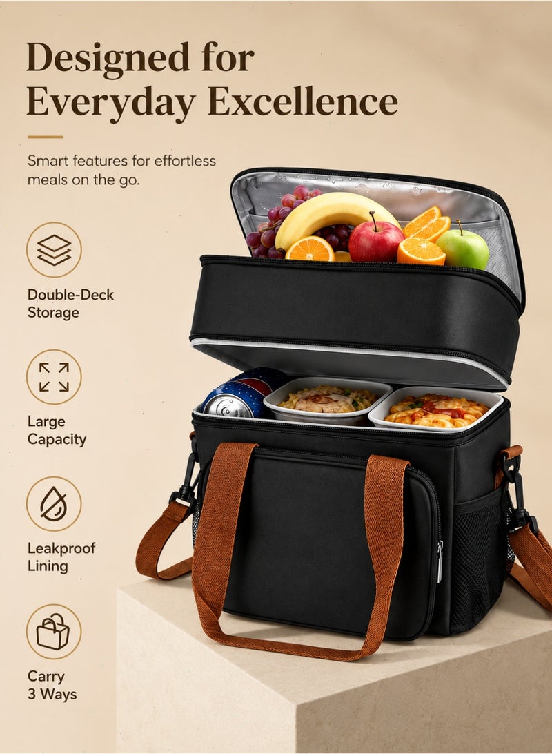 Yoawllty Insulated Leakproof Lunch Bag, Expandable Large Oxford Cloth Lunch Bag with 4 Compartments for Women Men Kids, Reusable Lunch Tote for Work School Picnic (Black) - Image 3