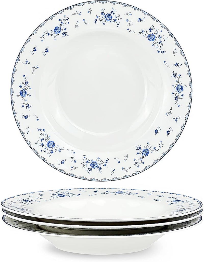fanquare 8 Inch Porcelain Soup Bowls Set of 4 Round Pasta Plates Set for Salad Dessert Snack Blue Roses - Image 1