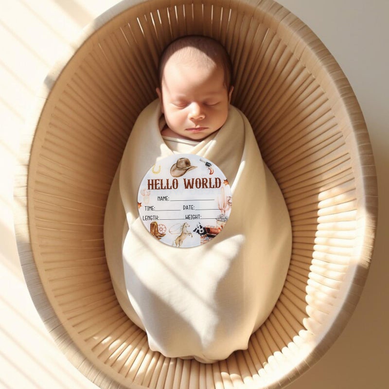 CORNER LACE Acrylic Baby Birth Announcement Sign with Stand, Western Cowboy Theme Double-Sided Newborn Name Board, Hello World Milestone Card for Welcome Baby Hospital Nursery Gift Photo Prop - Image 2