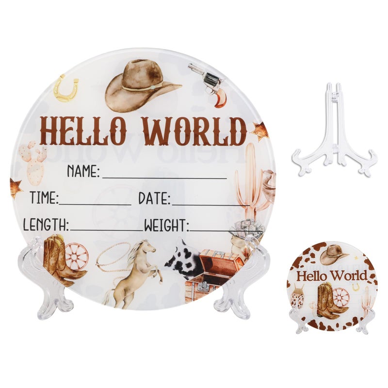 CORNER LACE Acrylic Baby Birth Announcement Sign with Stand, Western Cowboy Theme Double-Sided Newborn Name Board, Hello World Milestone Card for Welcome Baby Hospital Nursery Gift Photo Prop - Image 1