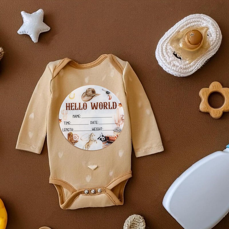 CORNER LACE Acrylic Baby Birth Announcement Sign with Stand, Western Cowboy Theme Double-Sided Newborn Name Board, Hello World Milestone Card for Welcome Baby Hospital Nursery Gift Photo Prop - Image 4