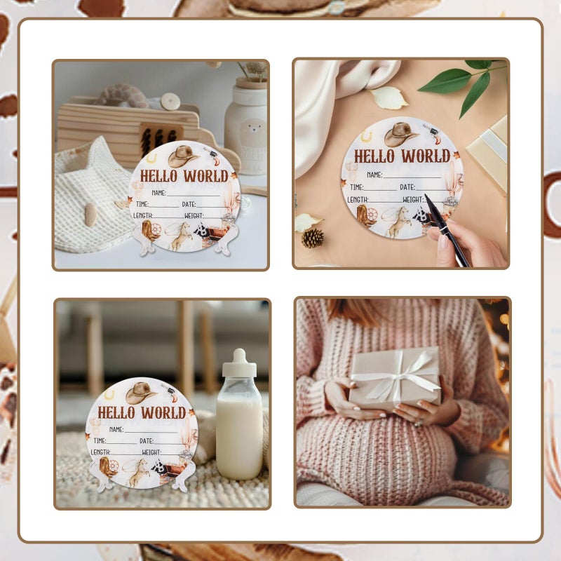 CORNER LACE Acrylic Baby Birth Announcement Sign with Stand, Western Cowboy Theme Double-Sided Newborn Name Board, Hello World Milestone Card for Welcome Baby Hospital Nursery Gift Photo Prop - Image 5