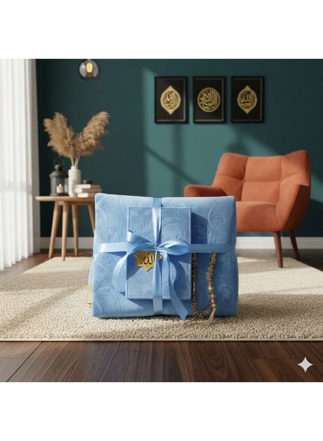 Luxury Royal Prayer Set - Padded Medical Velvet Mat (2cm), Suede-Bound Quran, and Crystal Prayer Beads - Sky Blue - Image 1