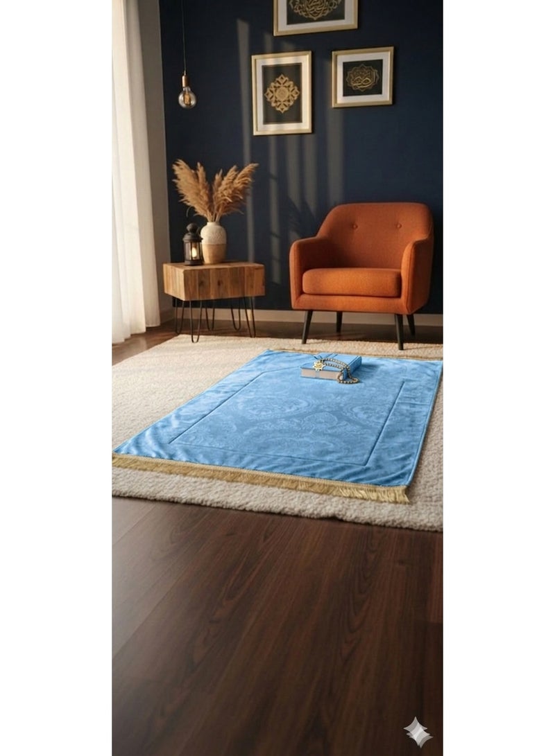 Luxury Royal Prayer Set - Padded Medical Velvet Mat (2cm), Suede-Bound Quran, and Crystal Prayer Beads - Sky Blue - Image 2