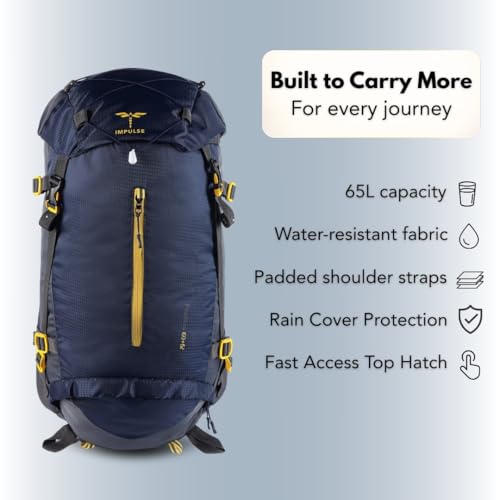 Impulse Inverse 65L Travel bag with Rain Cover | Water Resistant | Padded Adjustable Shoulder Straps & Waist Belt | Ideal for Hiking, Camping & Travel Rucksack Backpack- Blue |1 Year Warranty - Image 3