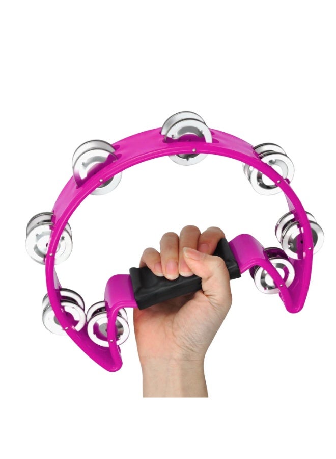 Half Moon Tambourine Handheld Bell Shaker Handbell Rattle Rhythm Hand Percussion Instrument with Double Row of 16x Steel Jingle Pair & Ergonomic Grip for Band Party Concert School Church - Image 1