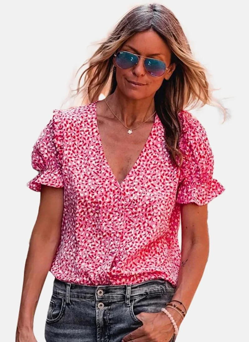 يونيكي Pink Printed Short Sleeve V Neck Tunics