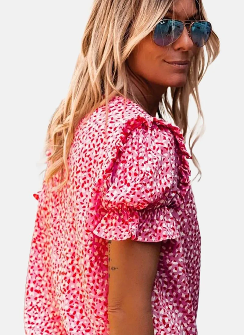YUNIQEE Pink Printed Short Sleeve V Neck Tunics