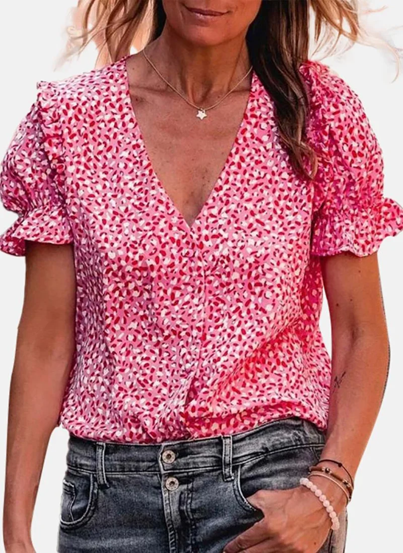 يونيكي Pink Printed Short Sleeve V Neck Tunics