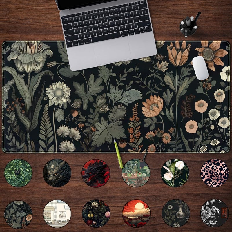 Mechanical Cattle Aesthetic Vintage Dark Flower Plants Wildflowers Large Gaming Mousepad XXL Keyboard Mouse Mat Full Desktop Mat Women Desk Cover Mat for Work Office Home 31.5x15.8 in - Image 2