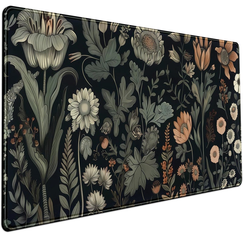Mechanical Cattle Aesthetic Vintage Dark Flower Plants Wildflowers Large Gaming Mousepad XXL Keyboard Mouse Mat Full Desktop Mat Women Desk Cover Mat for Work Office Home 31.5x15.8 in - Image 1