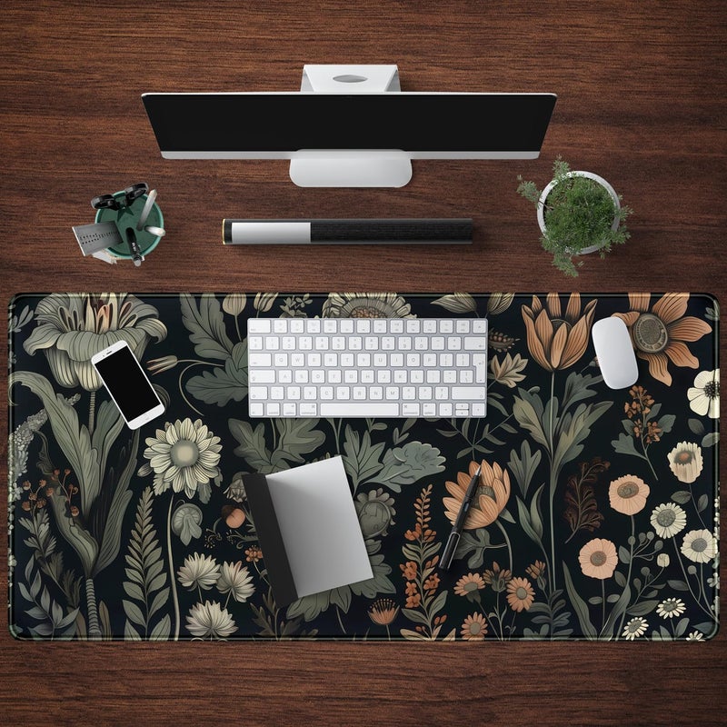 Mechanical Cattle Aesthetic Vintage Dark Flower Plants Wildflowers Large Gaming Mousepad XXL Keyboard Mouse Mat Full Desktop Mat Women Desk Cover Mat for Work Office Home 31.5x15.8 in - Image 4