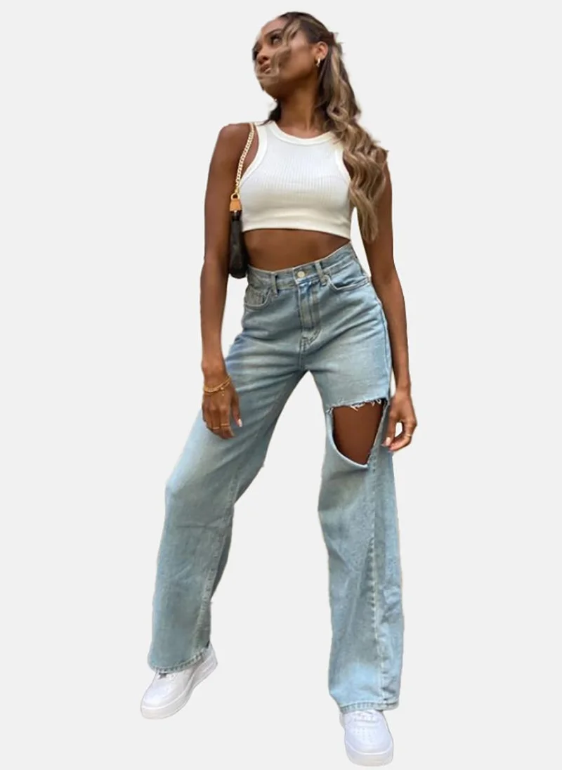 YUNIQEE Blue Straight Fit Highly Distressed High-Rise Jeans