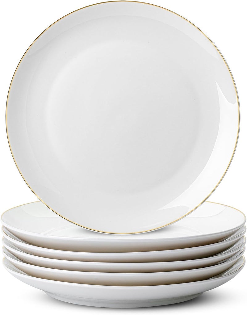 Brew To A Tea  White Porcelain Dinner Plates with Gold Rim Set of 6 105 Round Classic Style Solid Pattern Durable and Easy to Clean Not Microwave Safe - Image 1