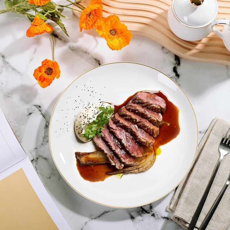 Brew To A Tea  White Porcelain Dinner Plates with Gold Rim Set of 6 105 Round Classic Style Solid Pattern Durable and Easy to Clean Not Microwave Safe - Image 4