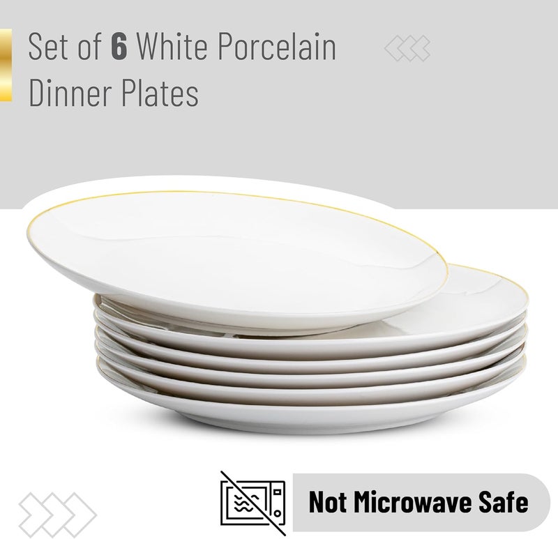 Brew To A Tea  White Porcelain Dinner Plates with Gold Rim Set of 6 105 Round Classic Style Solid Pattern Durable and Easy to Clean Not Microwave Safe - Image 2